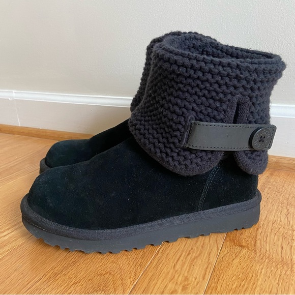 UGG Shaina Boots Women's 7 Black Suede Knit Cuff Lined Winter Snow Shearling EUC - Picture 2 of 13